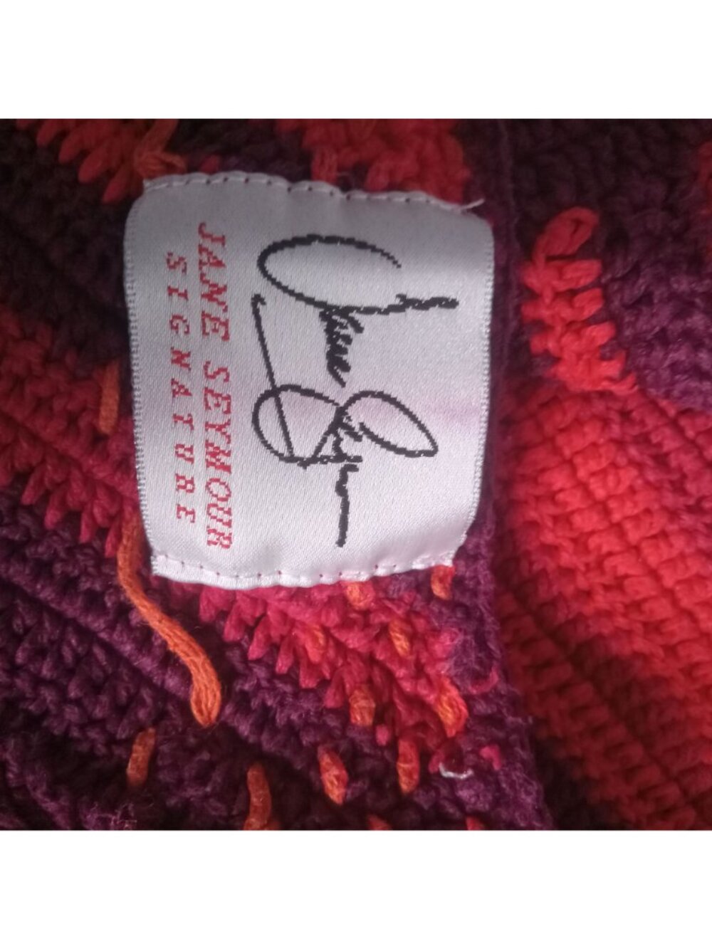 Vintage Jane Seymor Womens Poncho Size OS Fringe Patchwork Knit Red Purple V Nec - Picture 7 of 7